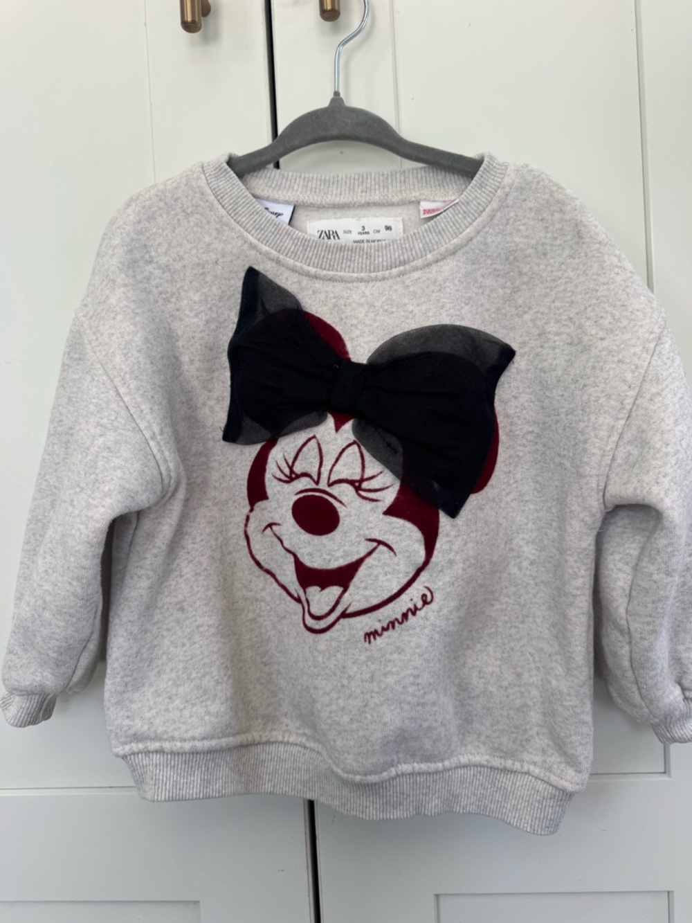 Disney Girls Gray Sweatshirt with Burgundy Minnie Accent and Black Bow